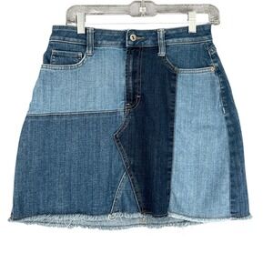 Arizona Jean Co Patchwork Denim Skirt Frayed Hem Blue‎ Size 9